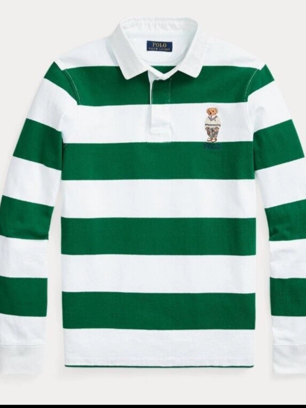 Polo Ralph Lauren Green/White Stripe Polo Bear Custom Slim Fit Rugby Polo Shirt